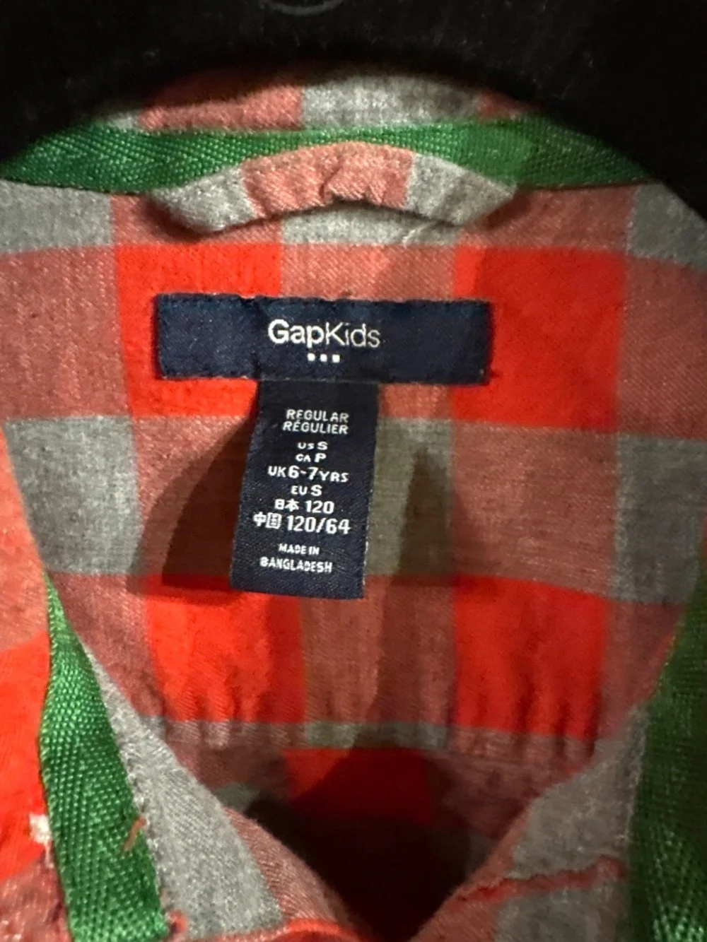 Gap red and gray checked long sleeve shirt, size 6-7